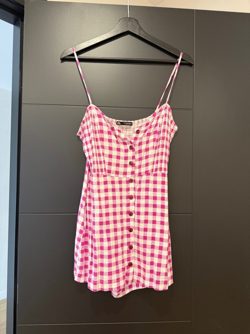 Pink Gingham Button-Front Spaghetti Strap romper